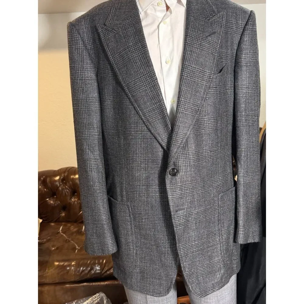 Tom Ford Shelton Peak Lapel Cashmere Prince ofWales Houndstooth Blazer 56 46R US